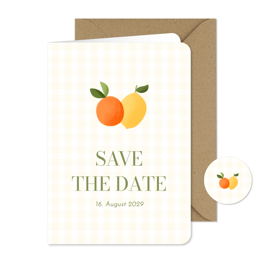 Save-the-Date-Karte zur Hochzeit Mandarine & Zitrone - Kartenvorschau
