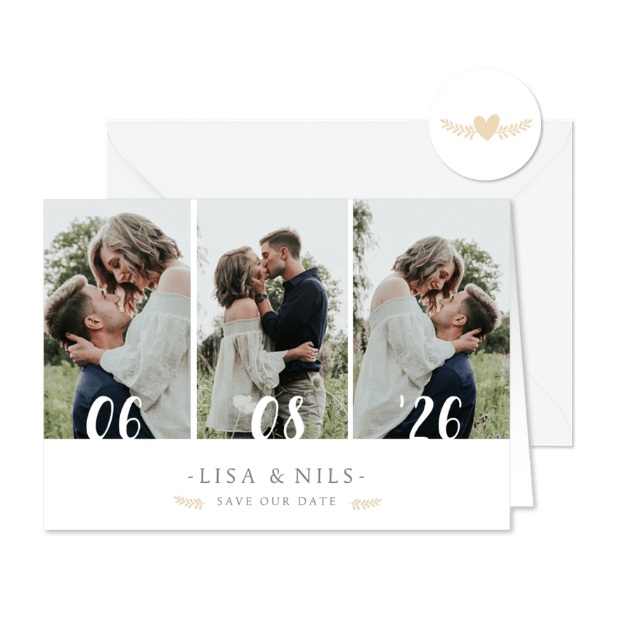 Save-the-Date-Karte zur Hochzeit mit eigenem Foto und Herzen - Karteneindruck
