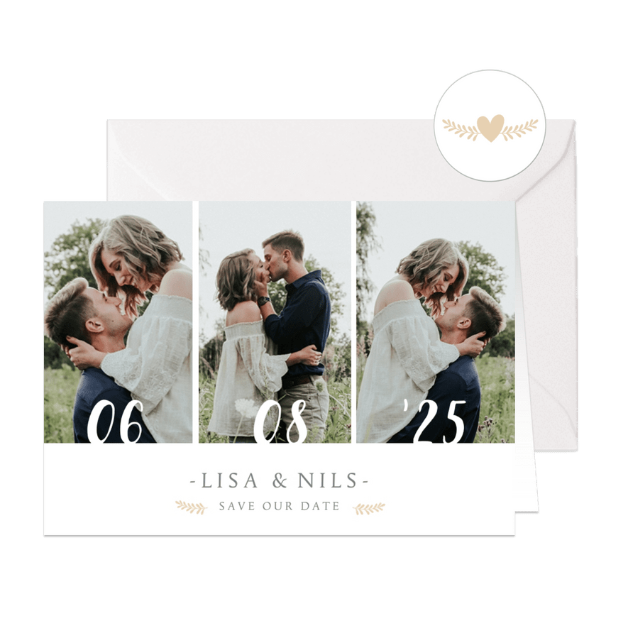 Save-the-Date-Karte zur Hochzeit mit eigenem Foto und Herzen - Karteneindruck
