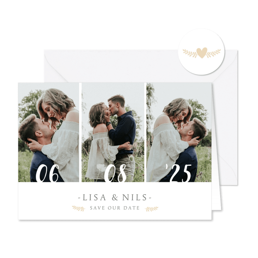 Save-the-Date-Karte zur Hochzeit mit eigenem Foto und Herzen - Karteneindruck