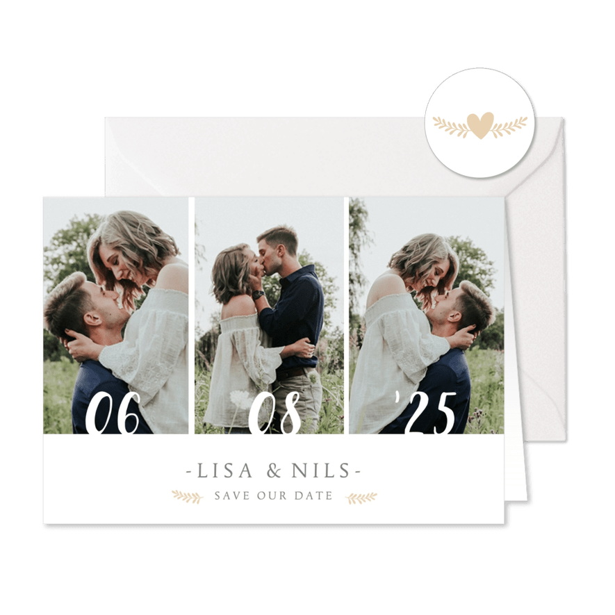 Save-the-Date-Karte zur Hochzeit mit eigenem Foto und Herzen - Karteneindruck
