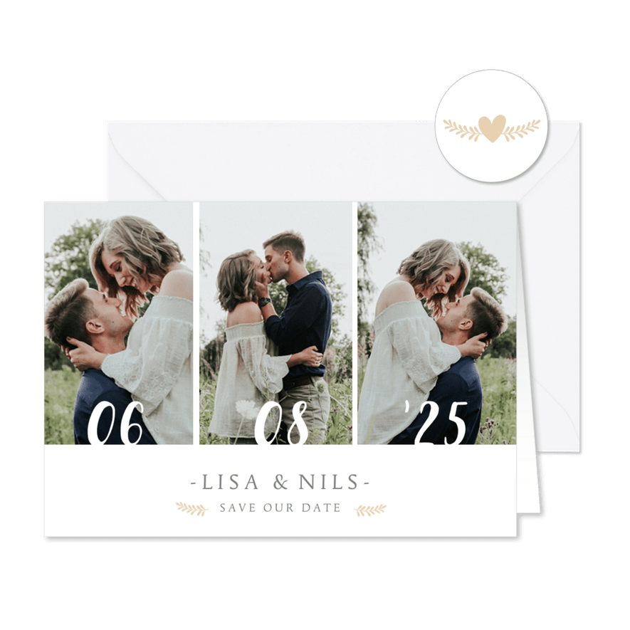 Save-the-Date-Karte zur Hochzeit mit eigenem Foto und Herzen - Karteneindruck