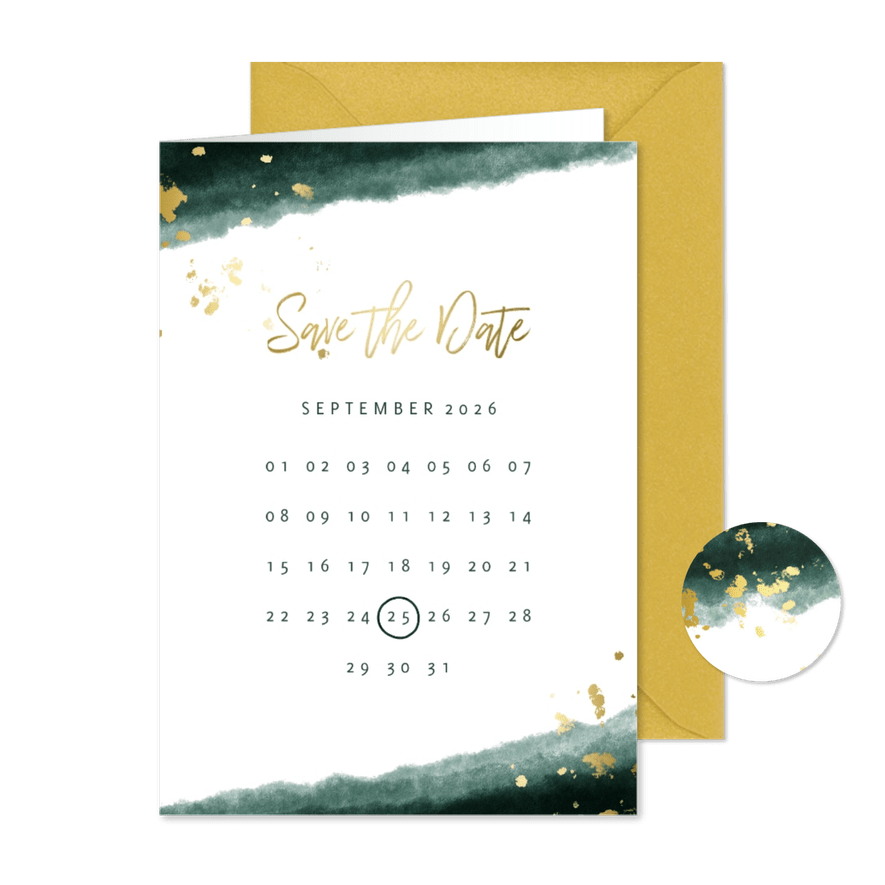 Save-the-Date-Karte zur Hochzeit mit Foto grün mit Kalender - Karteneindruck
