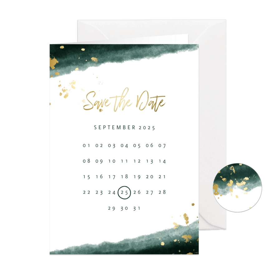 Save-the-Date-Karte zur Hochzeit mit Foto grün mit Kalender - Karteneindruck
