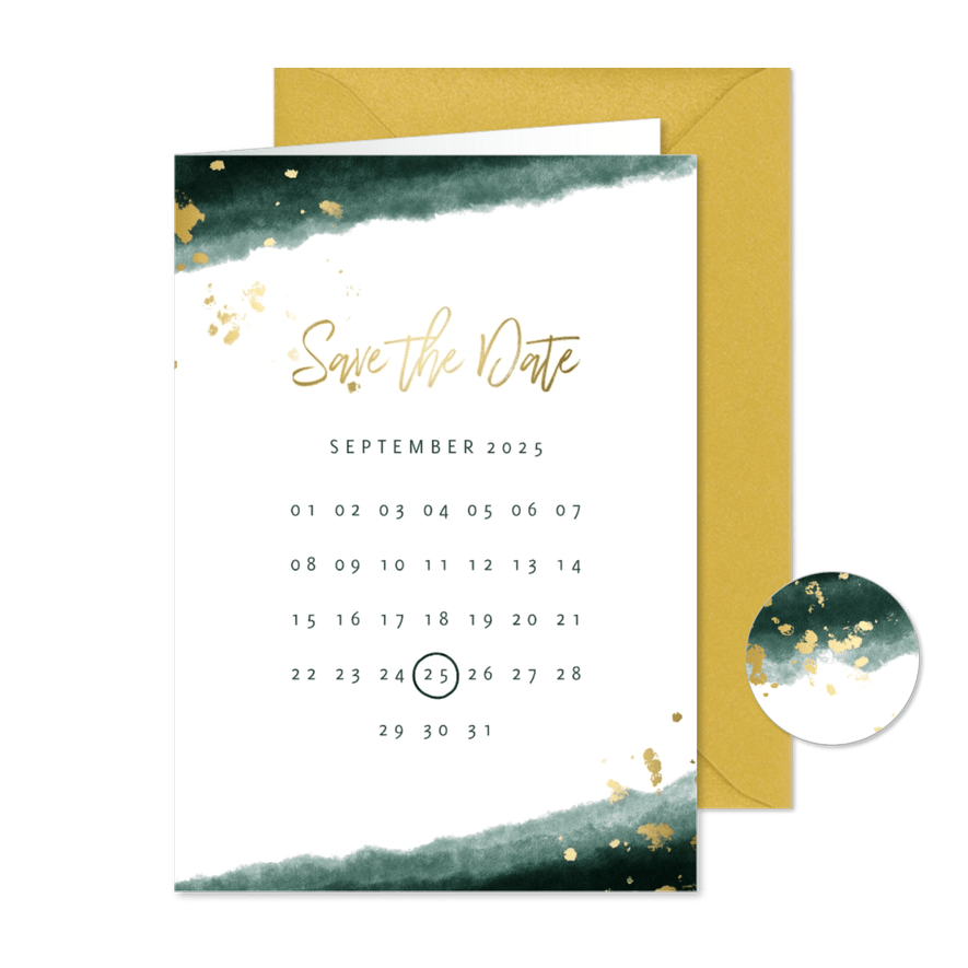 Save-the-Date-Karte zur Hochzeit mit Foto grün mit Kalender - Karteneindruck