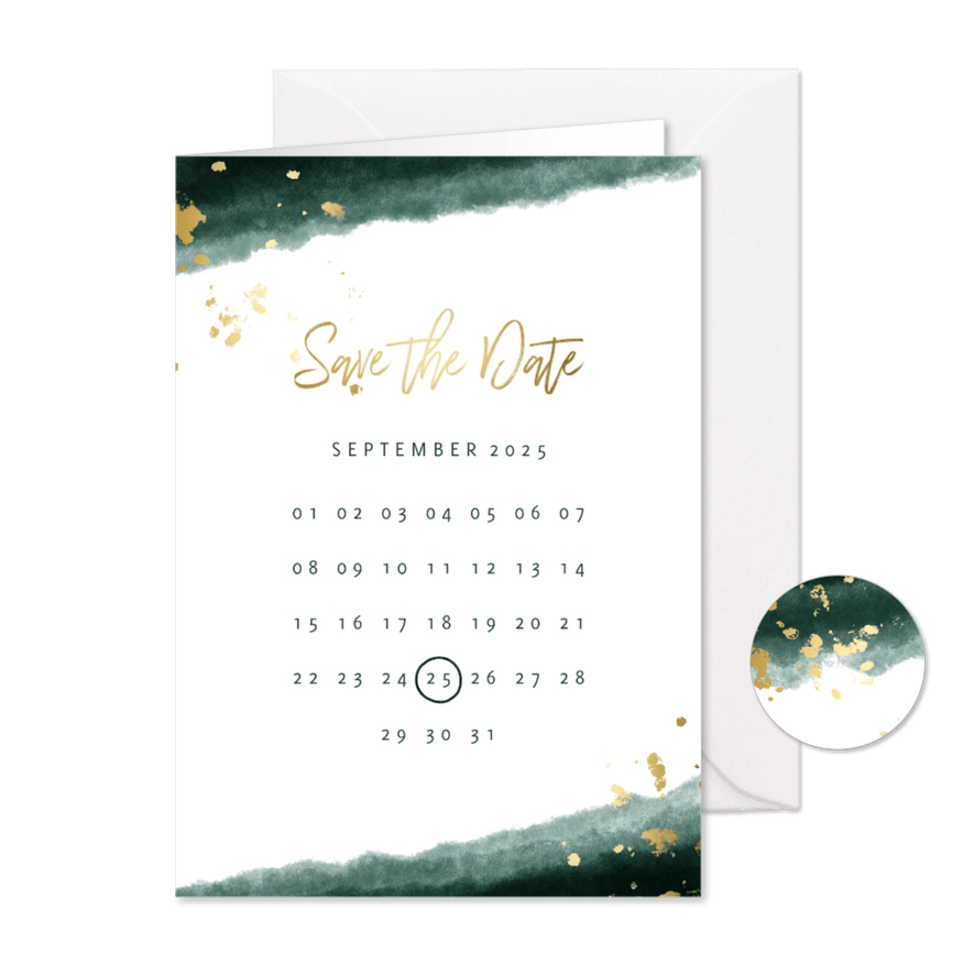 Save-the-Date-Karte zur Hochzeit mit Foto grün mit Kalender - Karteneindruck
