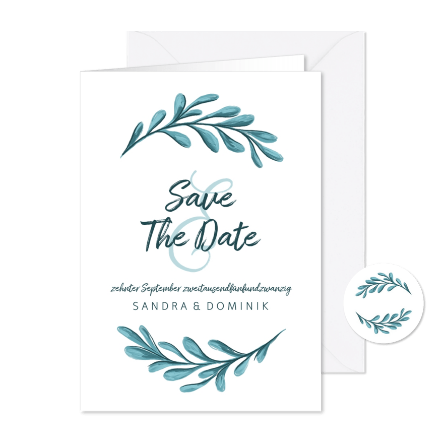 Save-the-Date-Karte zur Hochzeit mit Zweigen - Karteneindruck