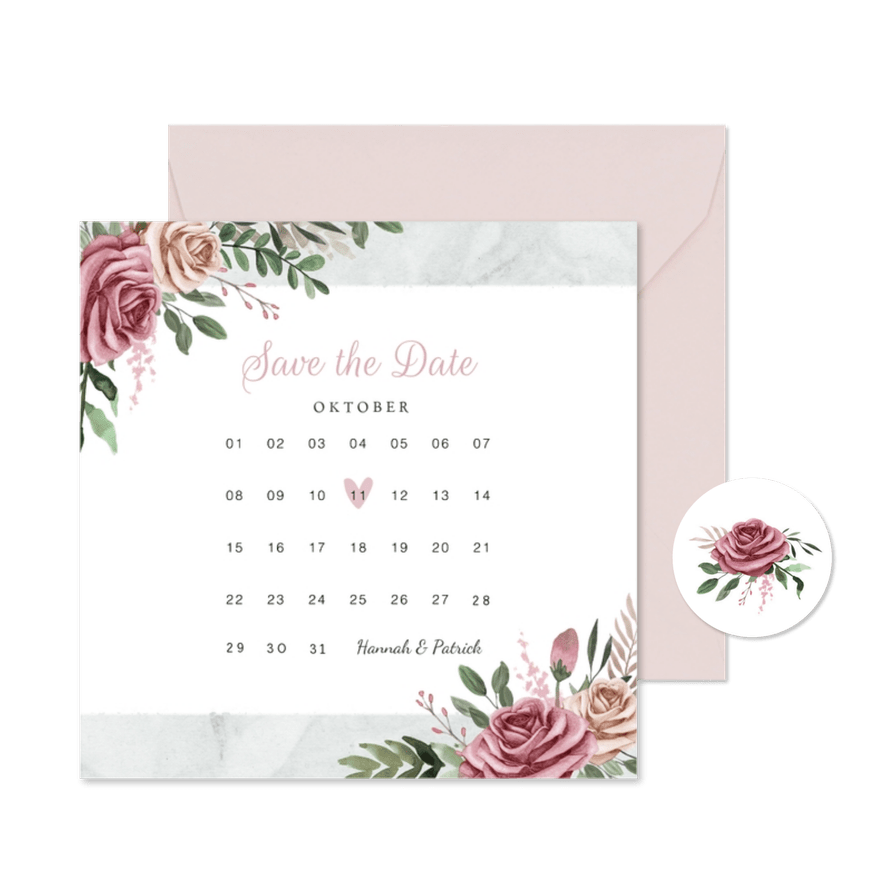 Save-the-Date-Karte zur Hochzeit Rosen & Marmor - Karteneindruck