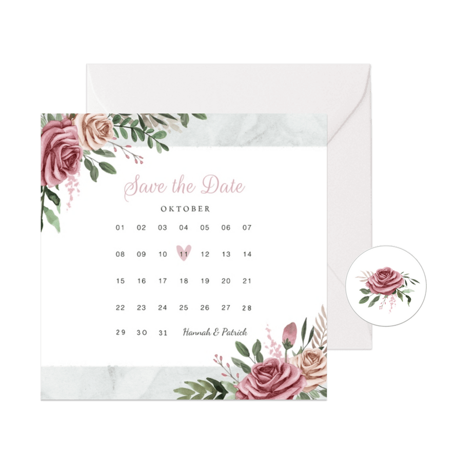 Save-the-Date-Karte zur Hochzeit Rosen & Marmor - Karteneindruck
