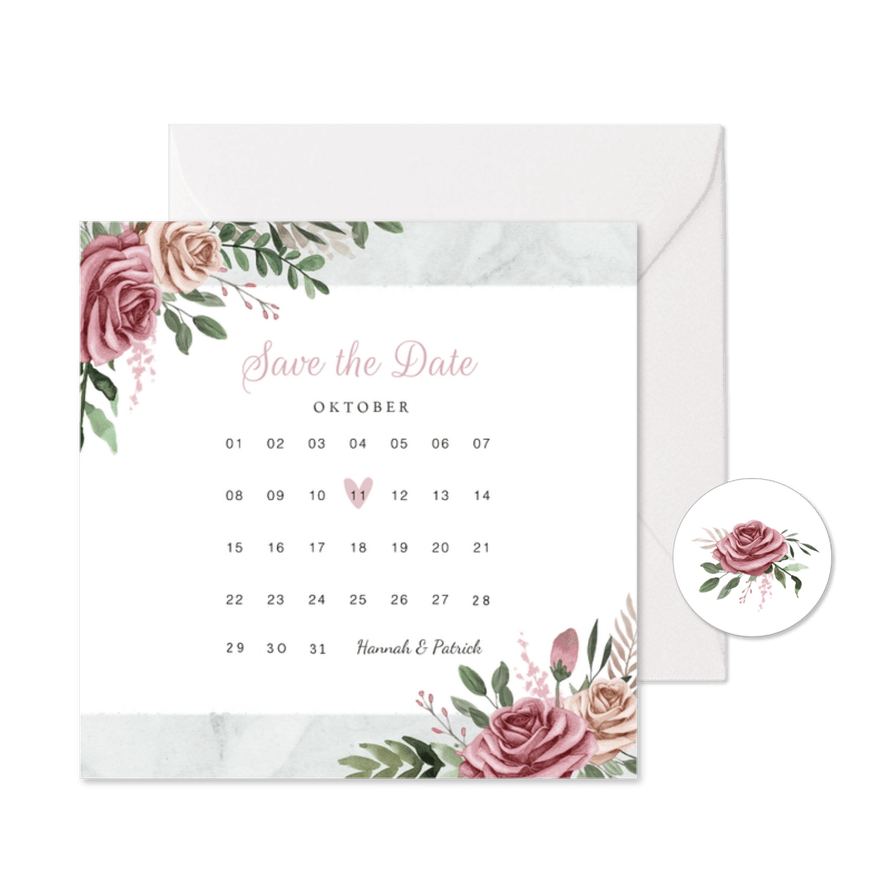 Save-the-Date-Karte zur Hochzeit Rosen & Marmor - Karteneindruck
