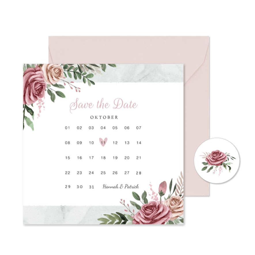 Save-the-Date-Karte zur Hochzeit Rosen & Marmor - Karteneindruck
