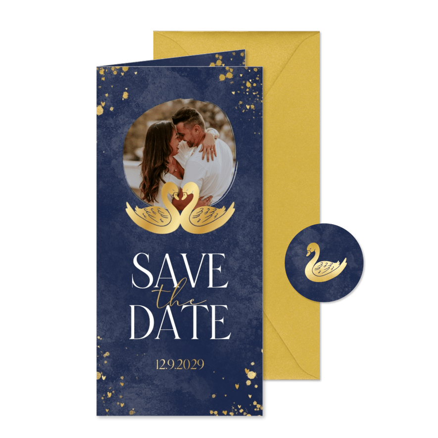 Save-the-Date-Karte zwei goldene Schwäne & Foto - Karteneindruck