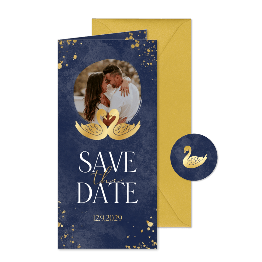 Save-the-Date-Karte zwei goldene Schwäne & Foto - Karteneindruck
