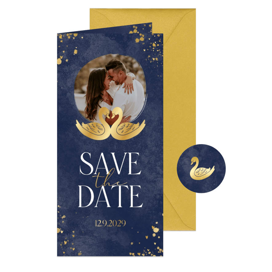 Save-the-Date-Karte zwei goldene Schwäne & Foto - Karteneindruck
