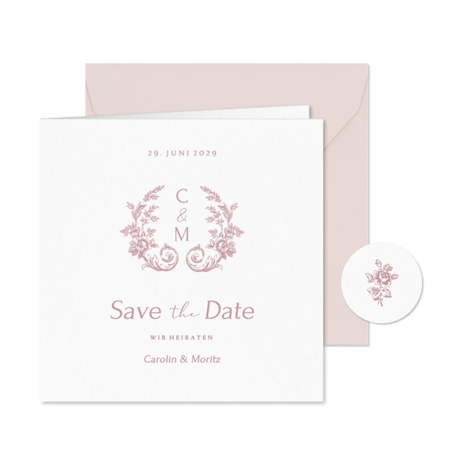 Save-the-Date-KarteHochzeitsdatum romantische Rosen rosa - Karteneindruck