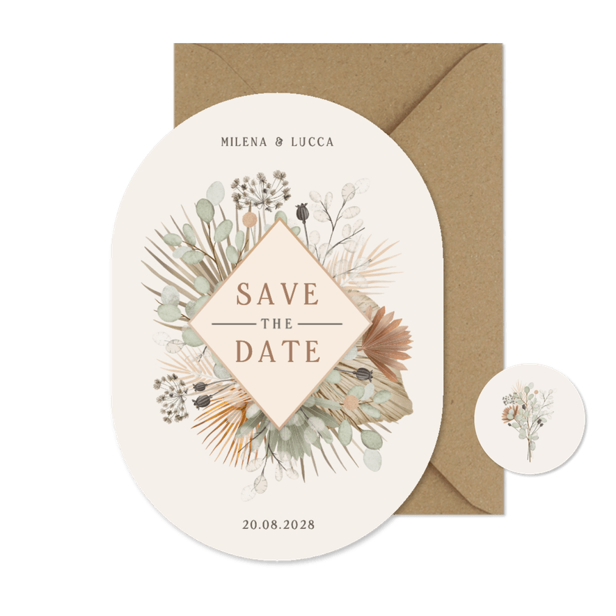 Save-the-date Oval Hochzeit Trockenblumen  - Karteneindruck
