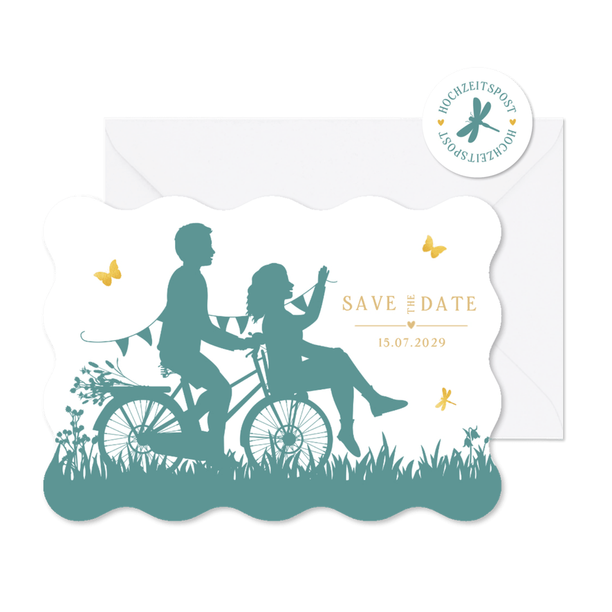 Save-the-Date Wellenkarte Paar Scherenschnitt Fahrrad - Karteneindruck
