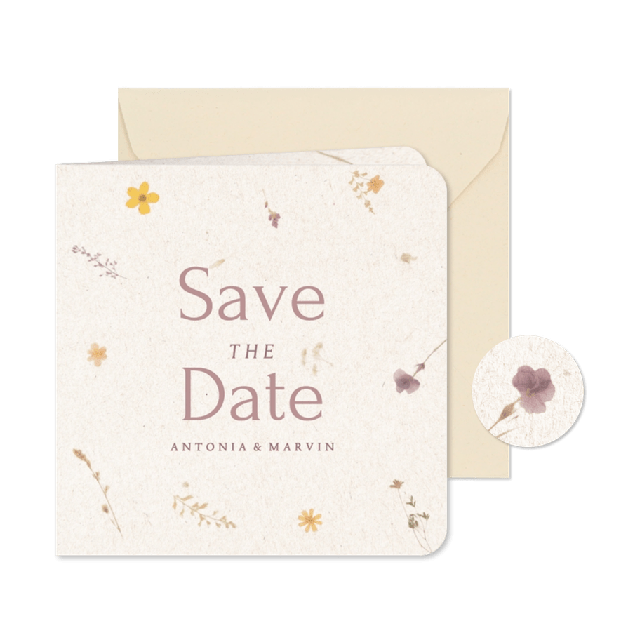 Savethedate-Karte Hochzeit Papier mit gepressten Blumen - Kartenvorschau
