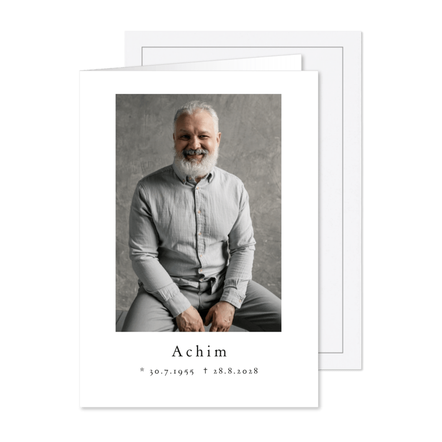 Schlichte Einladung zur Trauerfeier mit großem Foto - Karteneindruck
