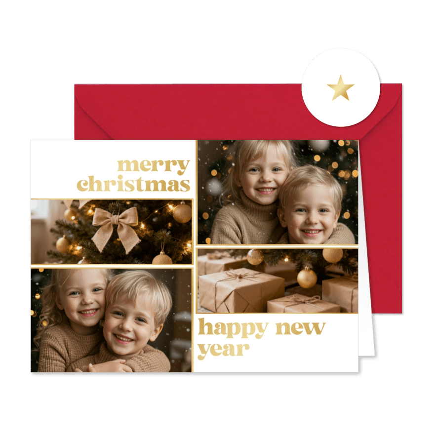 Schlichte Fotocollage weihnachtlich gold mit 4 Fotos - Karteneindruck
