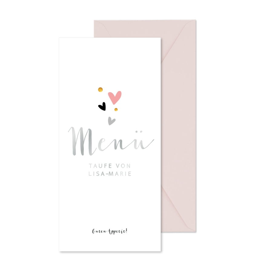 Schlichte Menükarte zur Taufe mit Herzen - Karteneindruck
