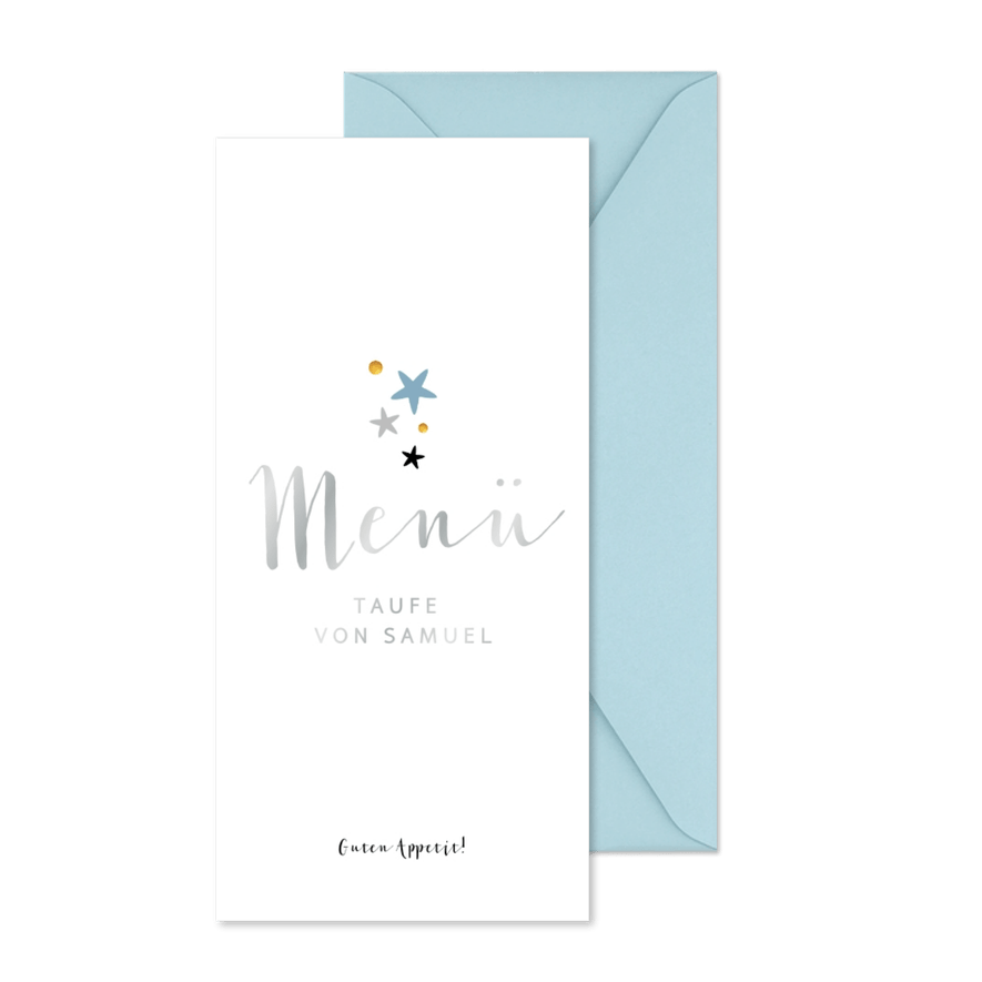 Schlichte Menükarte zur Taufe mit Sternen - Karteneindruck
