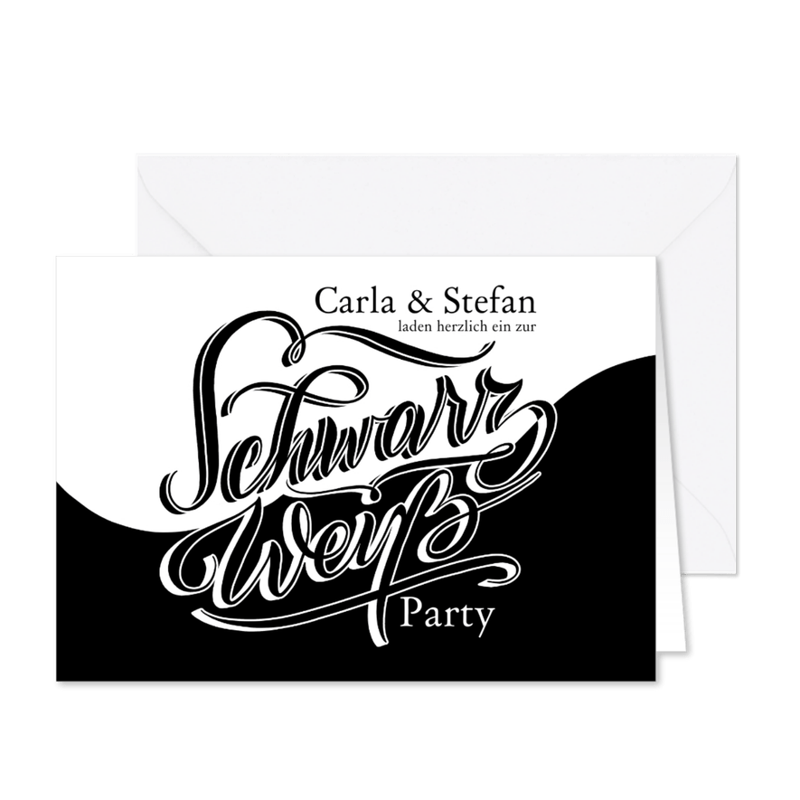 Schwarz-Weiß Mottoparty Script - Karteneindruck

