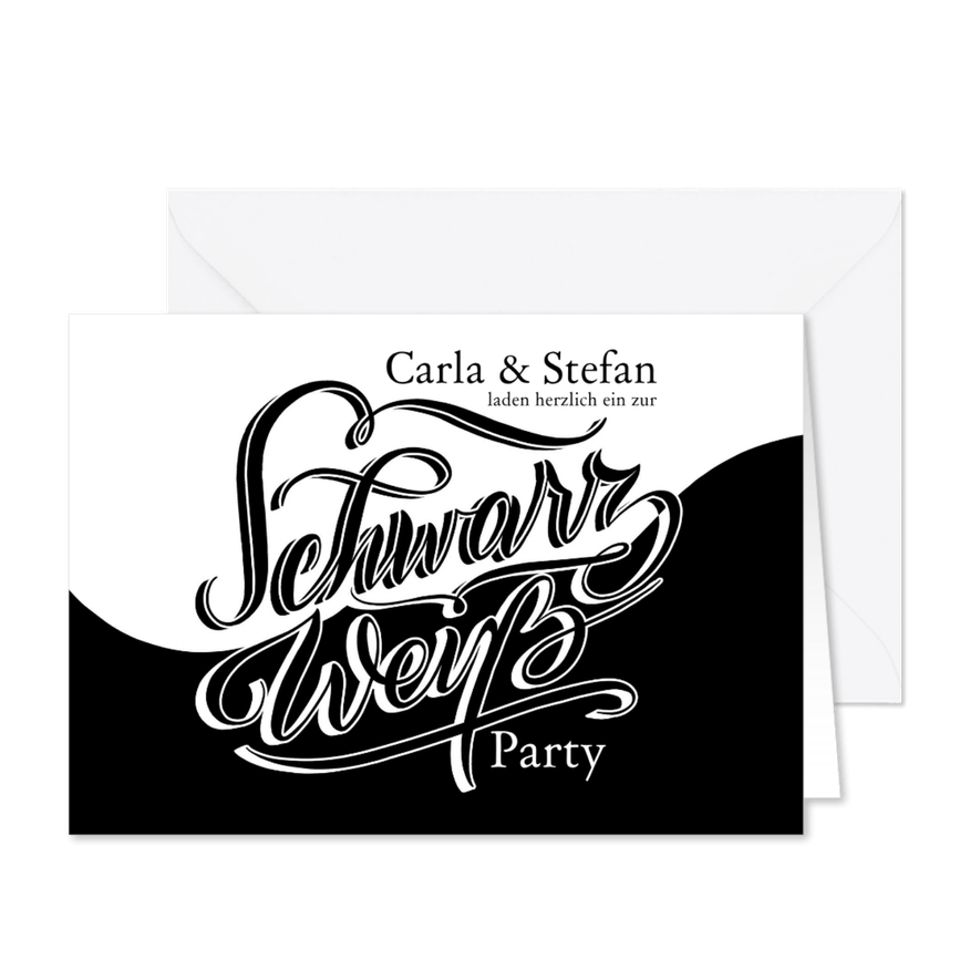 Schwarz-Weiß Mottoparty Script - Karteneindruck
