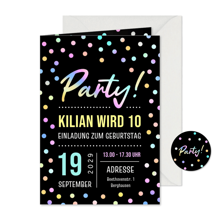 Schwarze Partyeinladung bunte Konfetti 10. Kindergeburtstag - Karteneindruck
