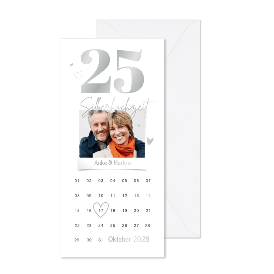Silberhochzeit Einladungskarte 25 silber & Kalender - Karteneindruck
