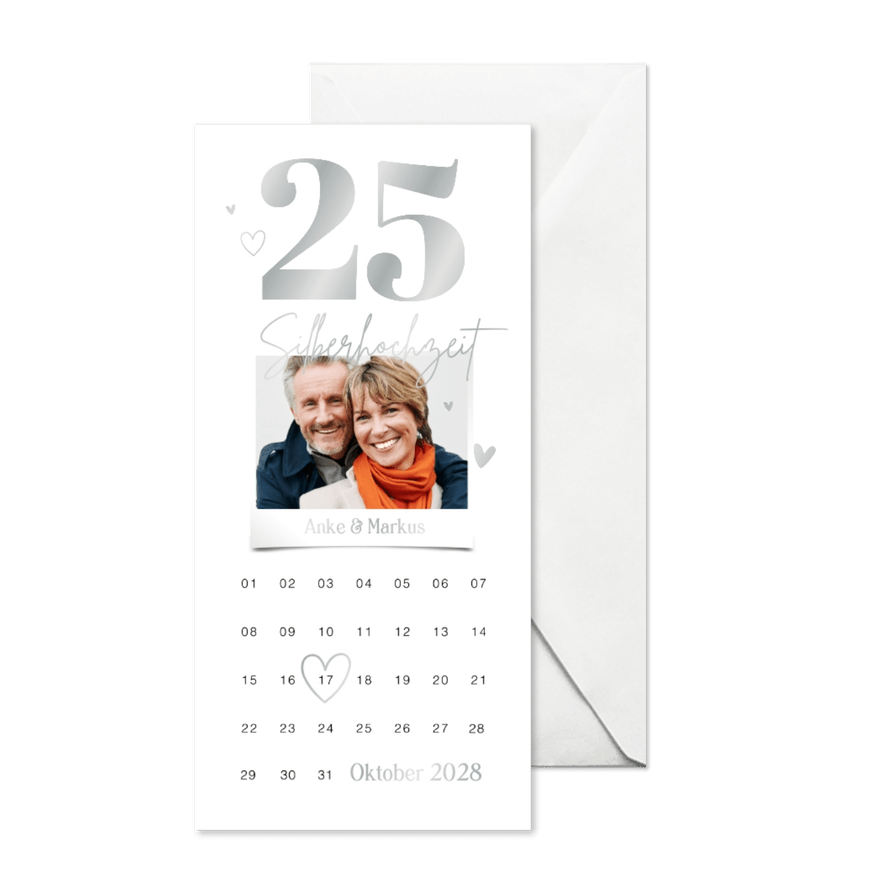 Silberhochzeit Einladungskarte 25 silber & Kalender - Karteneindruck
