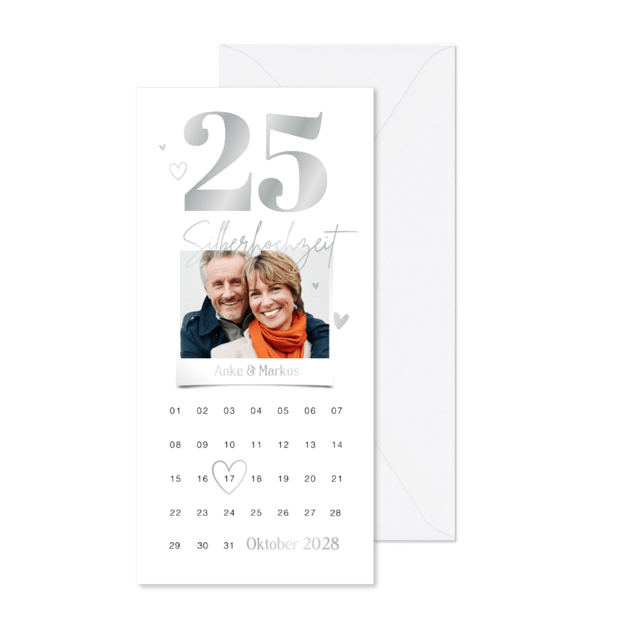 Silberhochzeit Einladungskarte 25 silber & Kalender - Karteneindruck