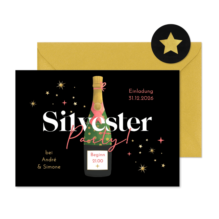 Silvester-Party Einladungskarte Sektflasche - Kartenvorschau
