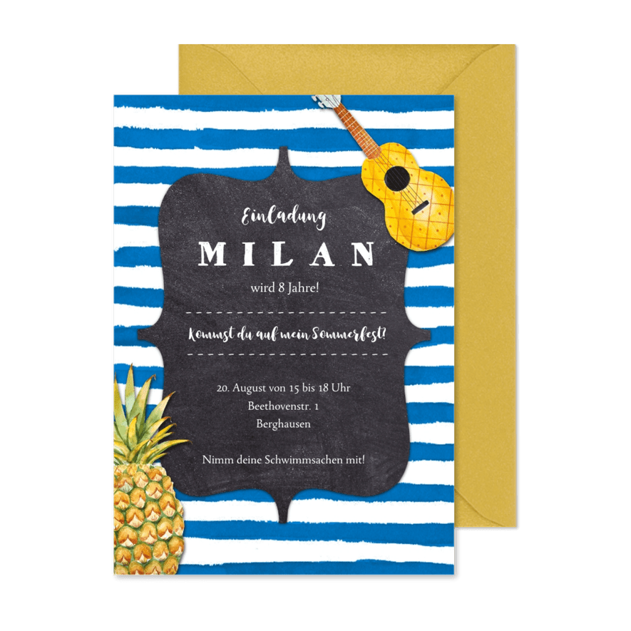 Sommerliche Einladung zum 8. Kindergeburtstag - Karteneindruck