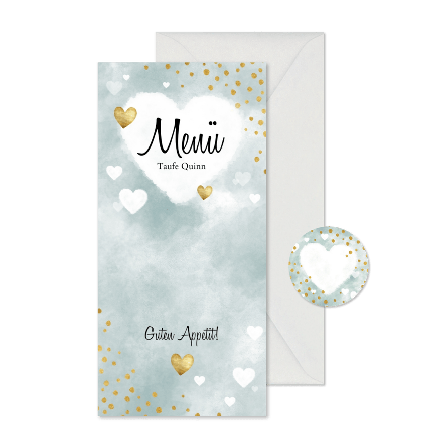 Speisekarte Aquarell blau Punkte und Herzen - Karteneindruck
