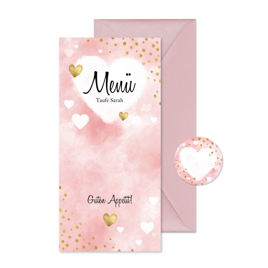 Speisekarte Aquarell rosa Punkte und Herzen - Karteneindruck
