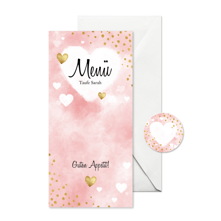 Speisekarte Aquarell rosa Punkte und Herzen - Karteneindruck