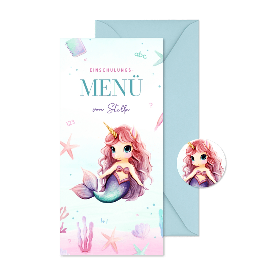 Speisekarte Einschulung Einhorn-Meerjungfrau - Karteneindruck