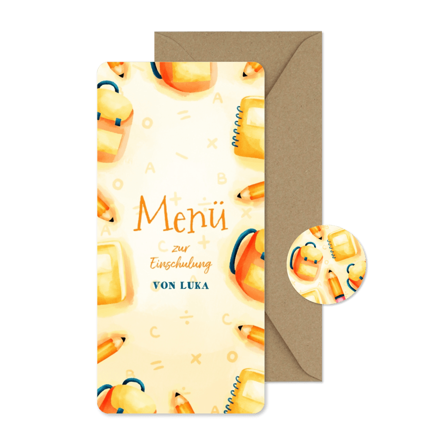 Speisekarte Einschulung gelbe Schulsachen - Karteneindruck