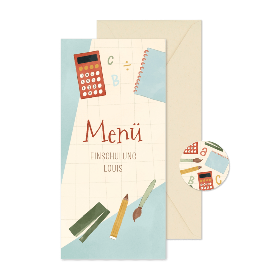 Speisekarte Einschulung Schulsachen - Karteneindruck
