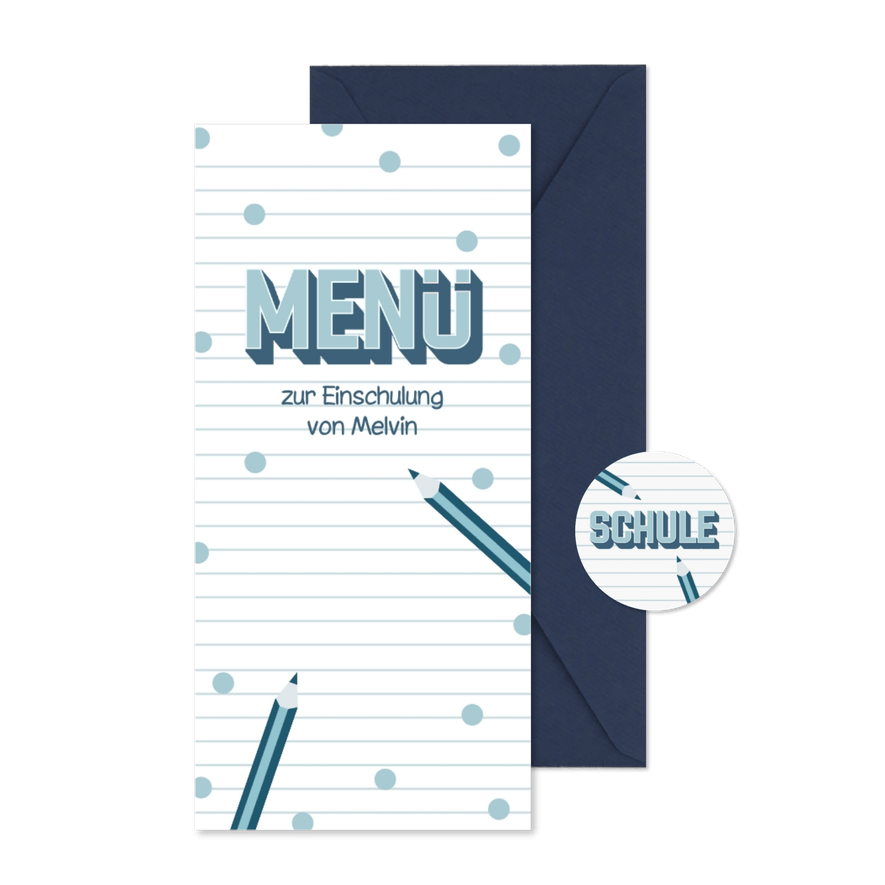 Speisekarte Einschulungsfeier blaue Buntstifte - Karteneindruck