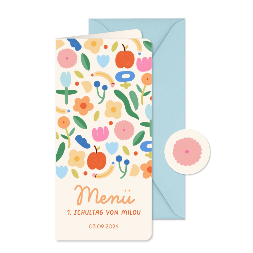 Speisekarte Einschulungsfeier buntes Blumenmuster - Karteneindruck
