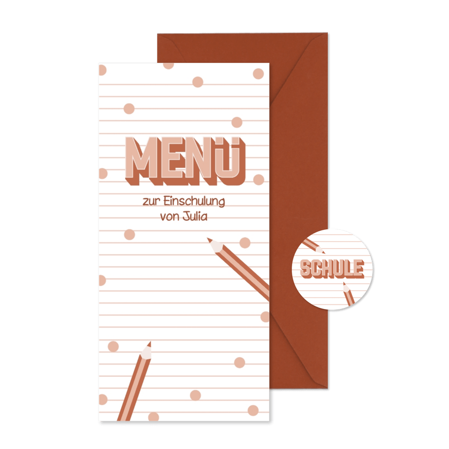 Speisekarte Einschulungsfeier rosa Buntstifte - Karteneindruck