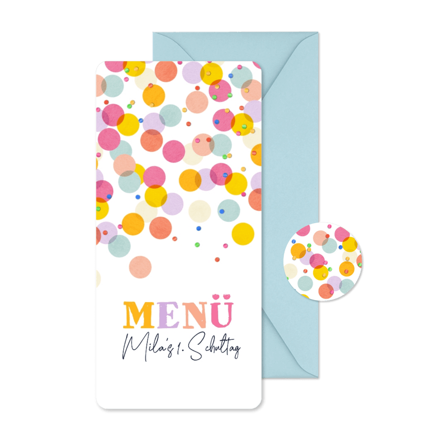Speisekarte Einschulungstag bunte Konfetti - Karteneindruck