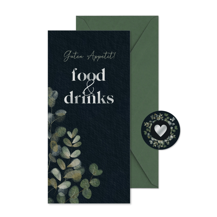 Speisekarte Hochzeit Eukalyptus Schwarz & Silber - Karteneindruck