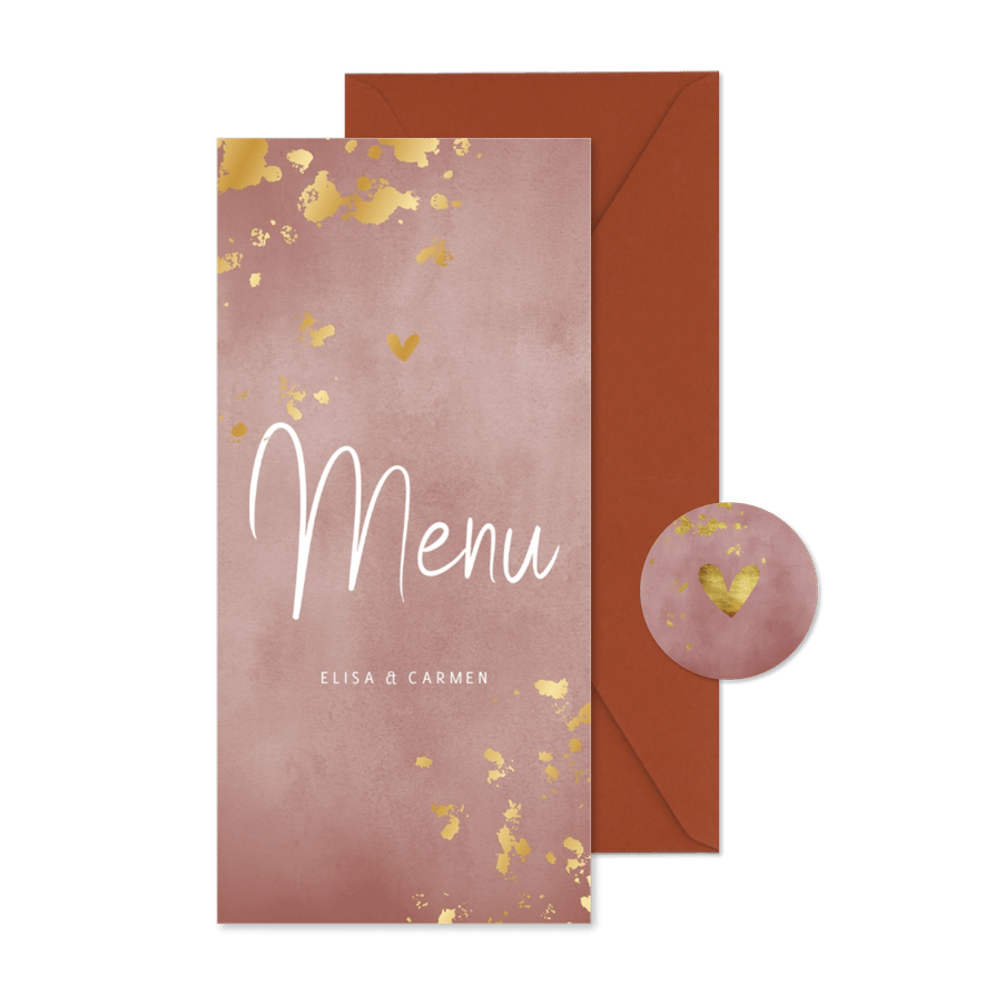 Speisekarte Hochzeit 'Menu' Aquarell & Goldtupfen - Karteneindruck