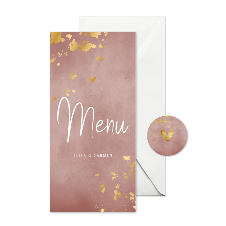 Speisekarte Hochzeit 'Menu' Aquarell & Goldtupfen - Karteneindruck
