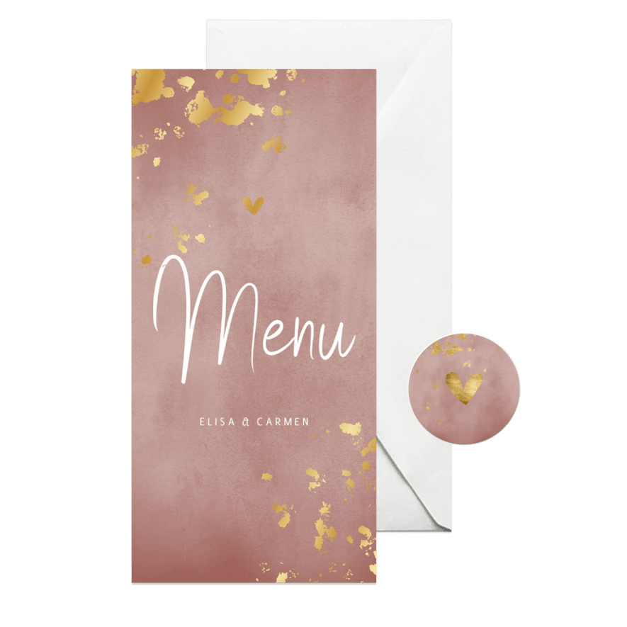 Speisekarte Hochzeit 'Menu' Aquarell & Goldtupfen - Karteneindruck
