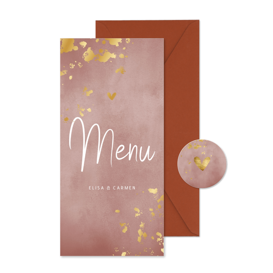 Speisekarte Hochzeit 'Menu' Aquarell & Goldtupfen - Karteneindruck