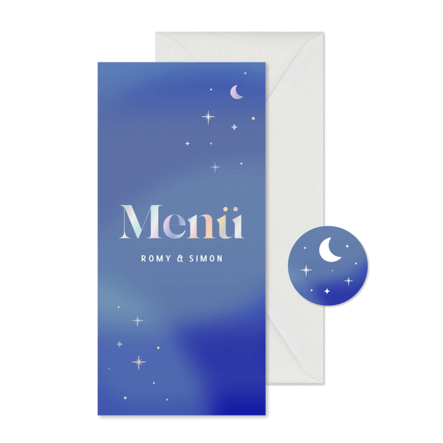 Speisekarte Hochzeit Menü & Sterne holografisch - Karteneindruck
